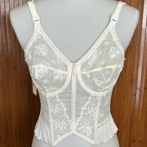 Vintage 1960s Lady Marlene Longline Bra, Cream Lace 34C